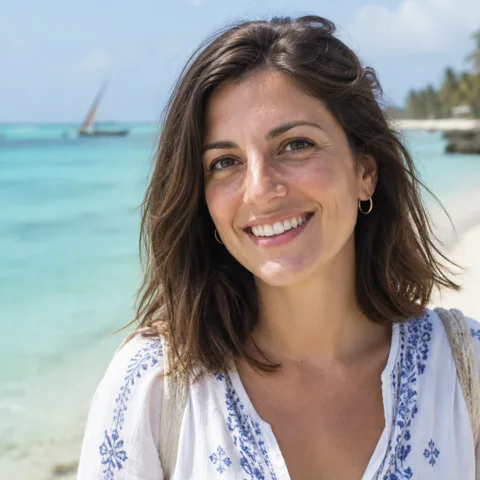 Elena, a smiling traveller from Italy on a Zanzibar beach