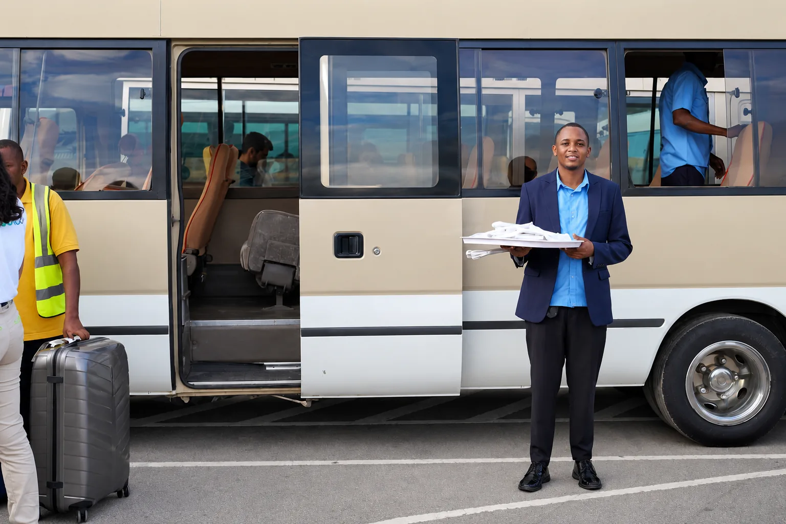Safina Tours host in uniform welcoming arrivals with a tray beside a Safina bus