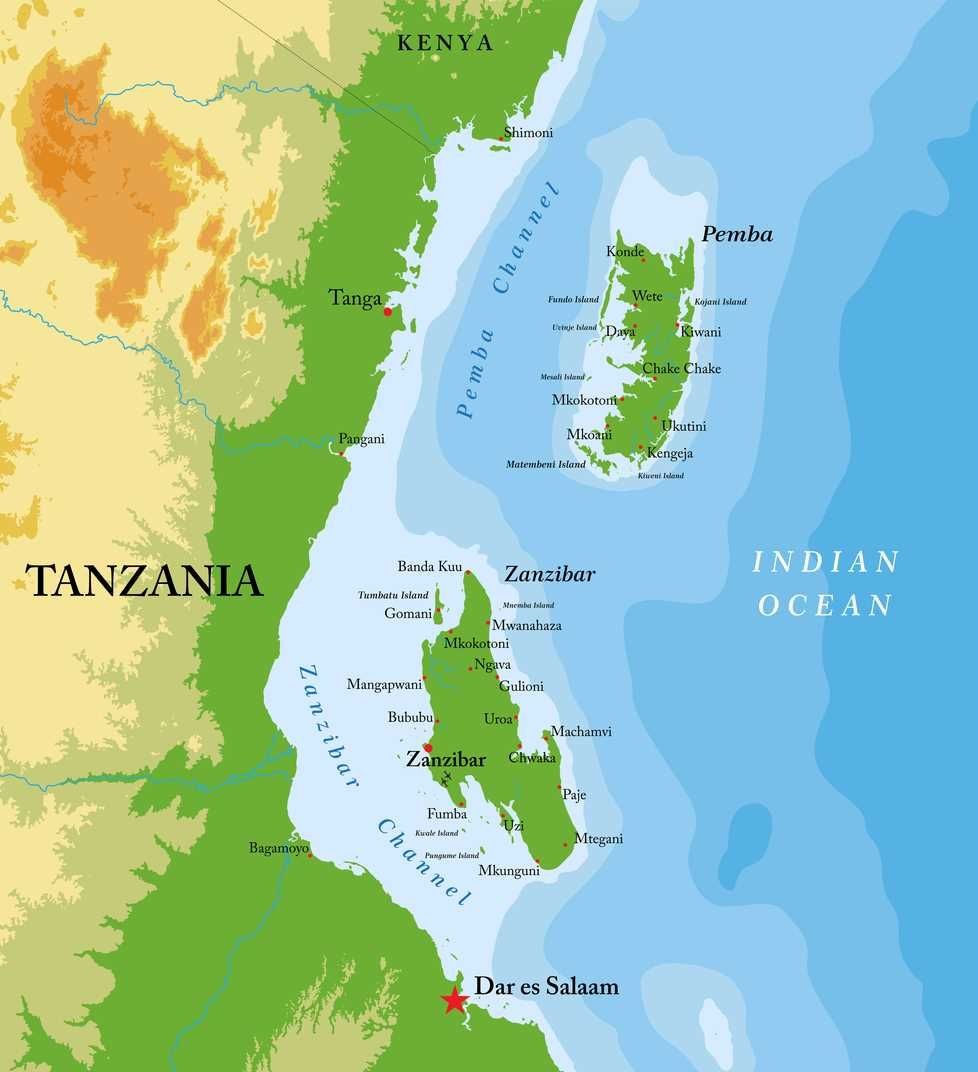 Map of the Zanzibar archipelago off the coast of mainland Tanzania, showing Pemba, Unguja and the surrounding coast