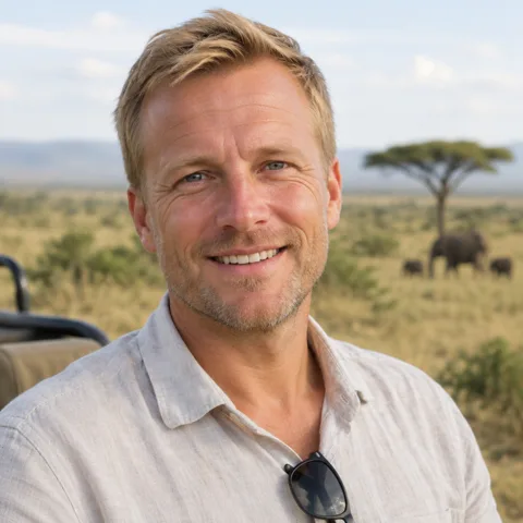 Thomas, a traveller from Germany on safari in Tanzania