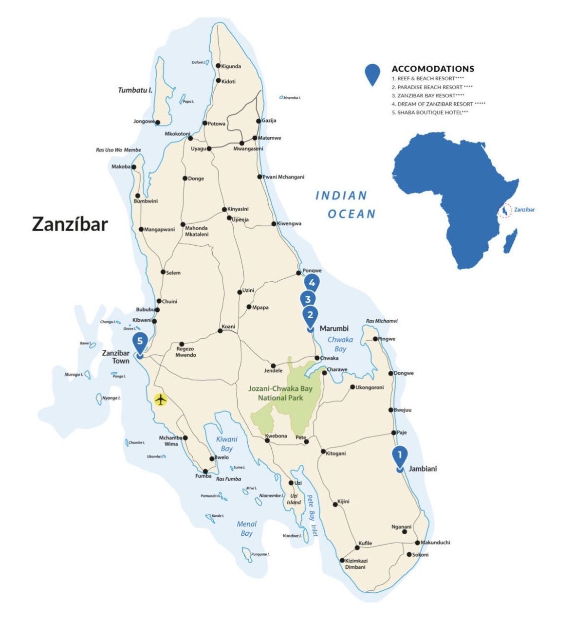 Map of Unguja Island showing the locations of the five featured accommodations