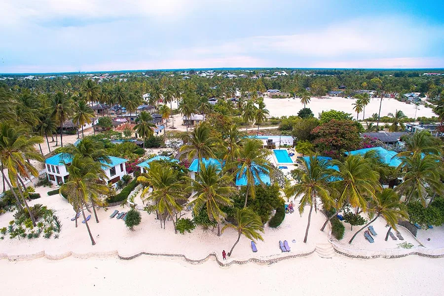 Aerial view of Indigo Beach resort with palm trees and white sand