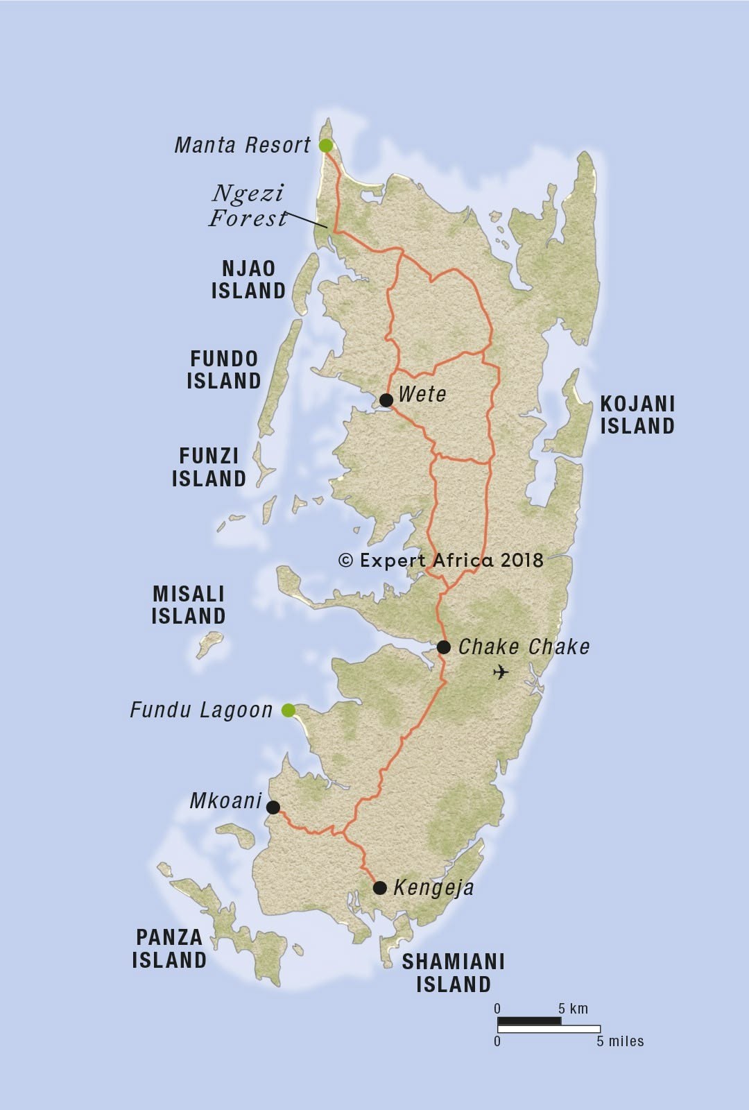 Map of Pemba Island showing Chake Chake, Wete, Mkoani, Kengeja and the surrounding islands