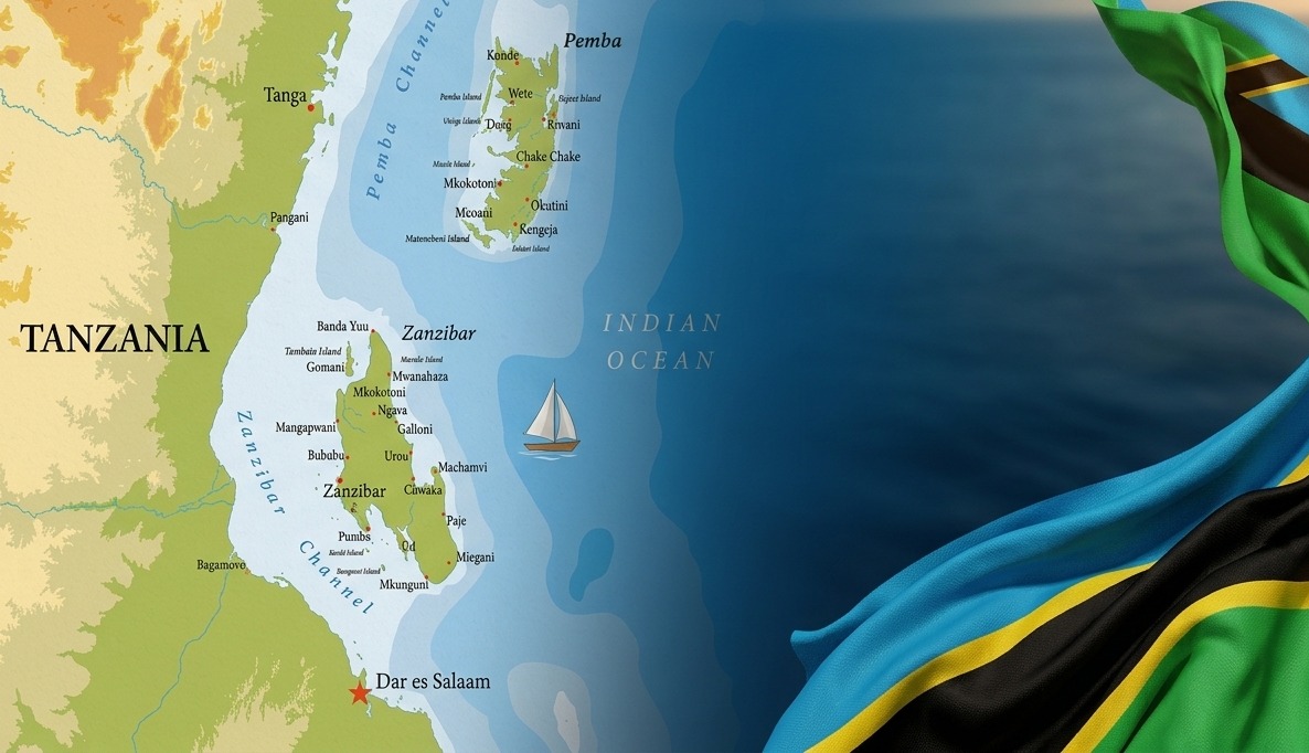 Map of Tanzania with the islands of Zanzibar and Pemba in the Indian Ocean beside the Tanzanian flag