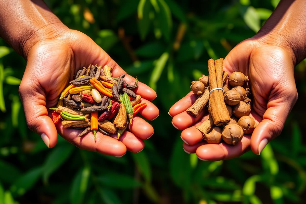 Fresh spices held in hands at a Zanzibar spice farm